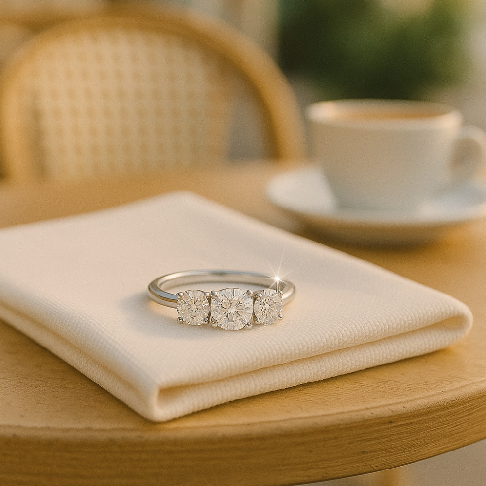 Three-stone moissanite ring in white gold by Sparkl365 – AMÉLIE