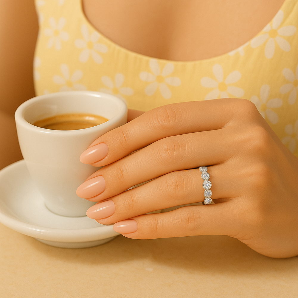 Model hand showing Sparkl365 Moissanite™ 5-ÉTOILES Eternity Band [18K White Gold over Silver S925]