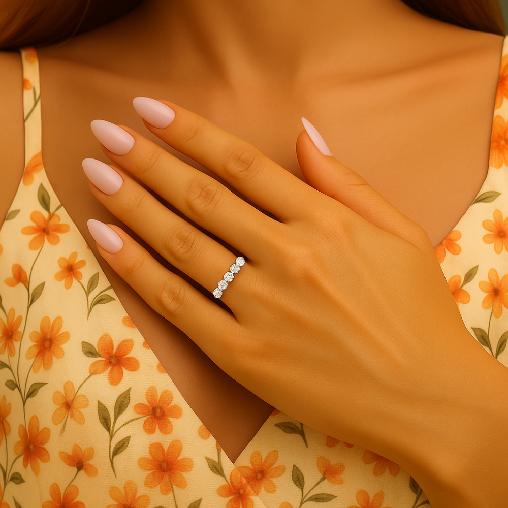 Model hand showing Sparkl365 Moissanite™ 5-ÉTOILES Eternity Band [18K White Gold over Silver S925]