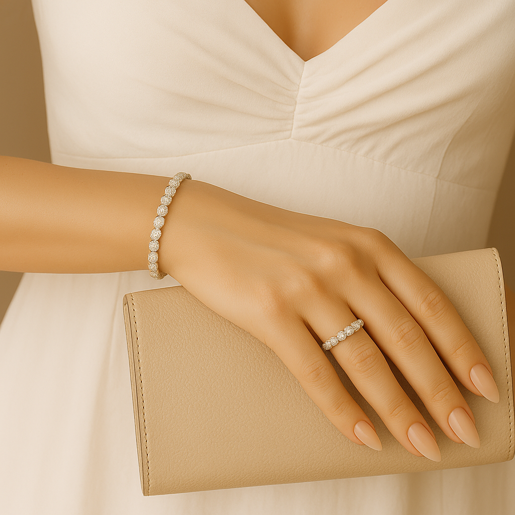 Elegant Lady wearing Sparkl365 Moissanite Jewelry Bracelet and Ring Set