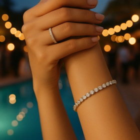 Evenings out, summer sparkle poolside a silver bracelet and ring