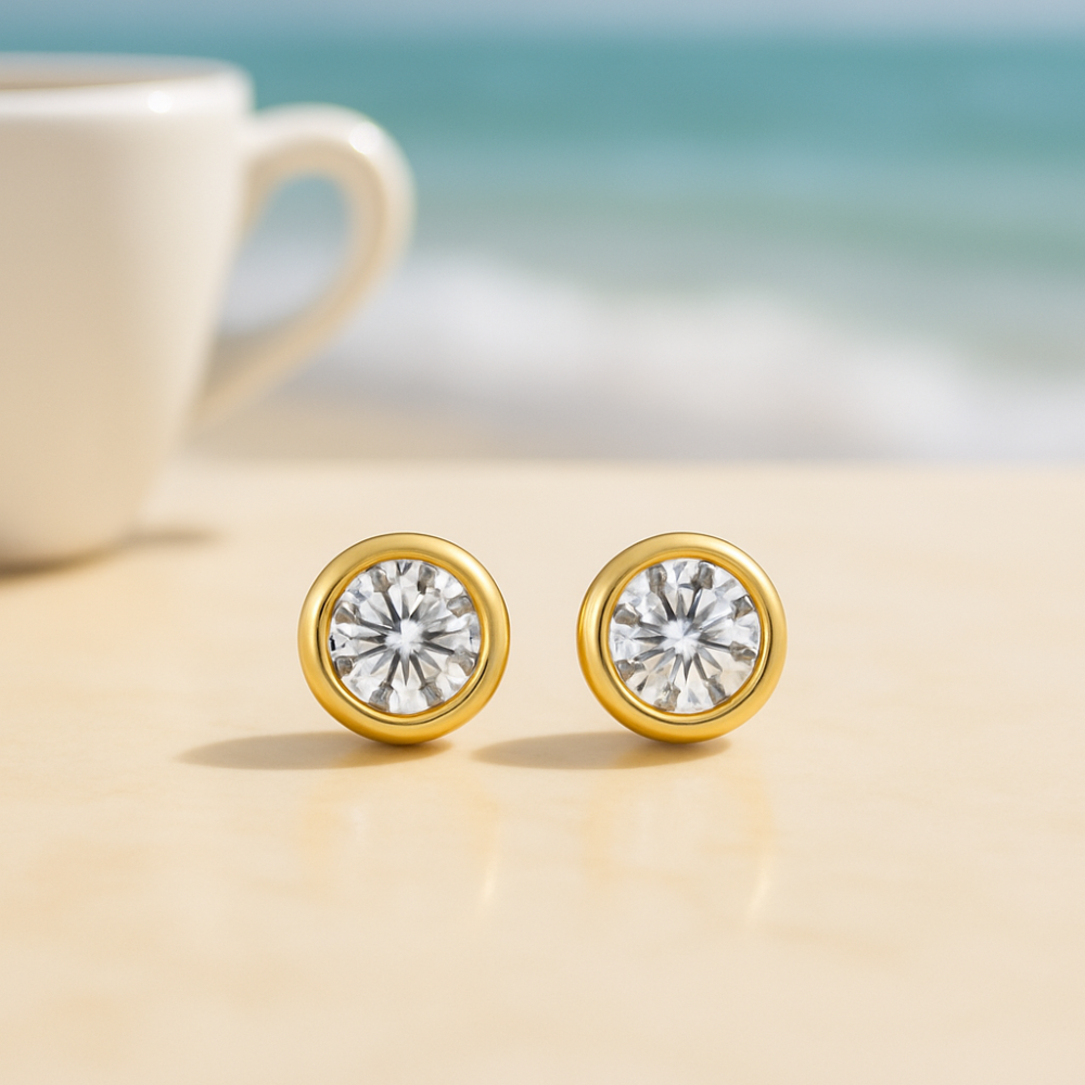 Moissanite bezel earrings in gold by Sparkl365 - Costa Del Sol