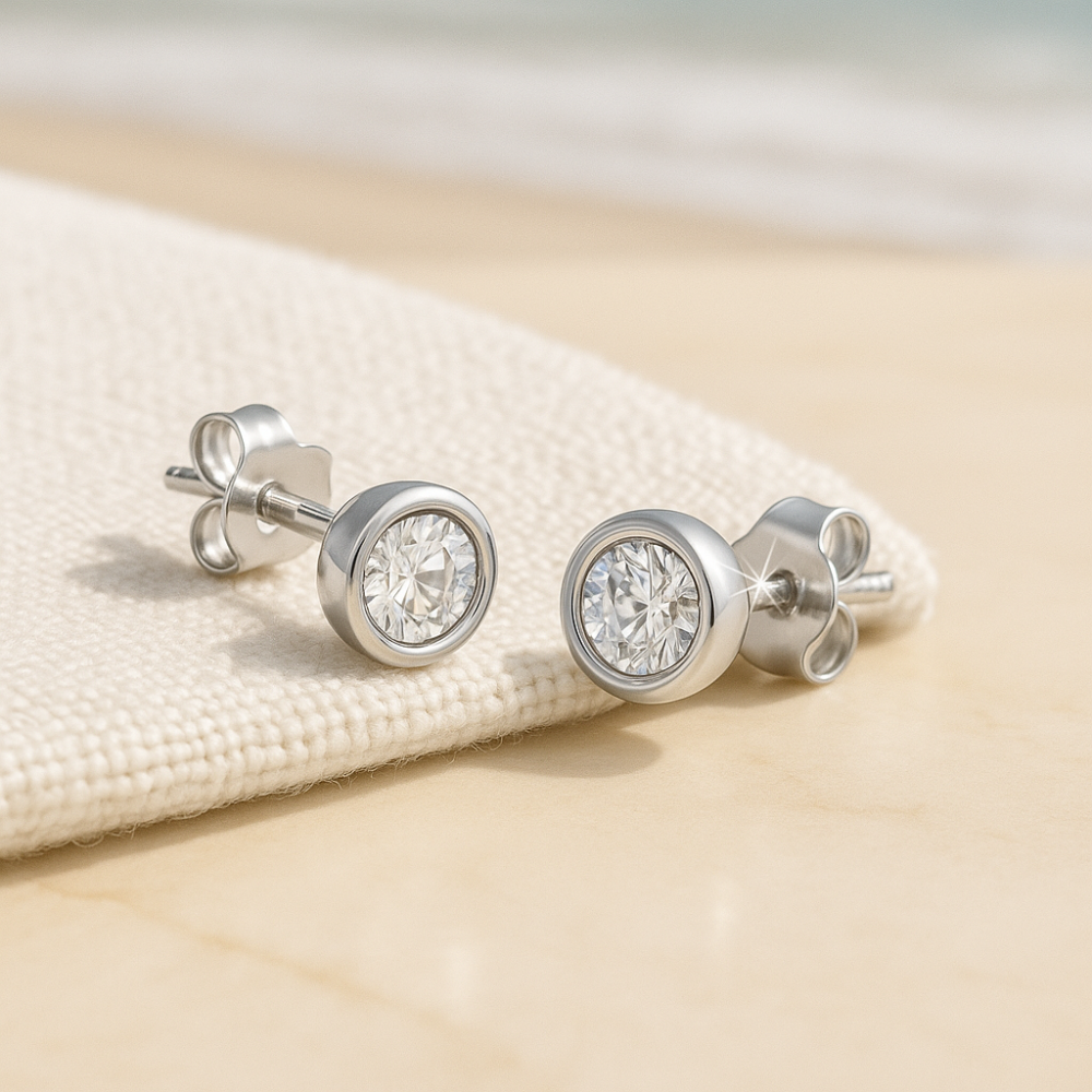 Moissanite bezel earrings in white gold by Sparkl365 – Costa Del Sol