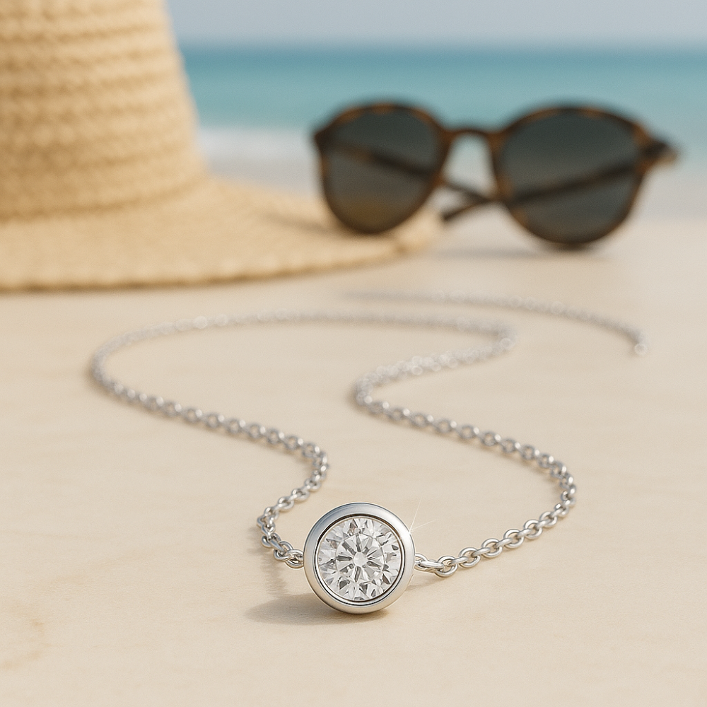 Moissanite bezel necklace in white gold by Sparkl365 – Costa Del Sol